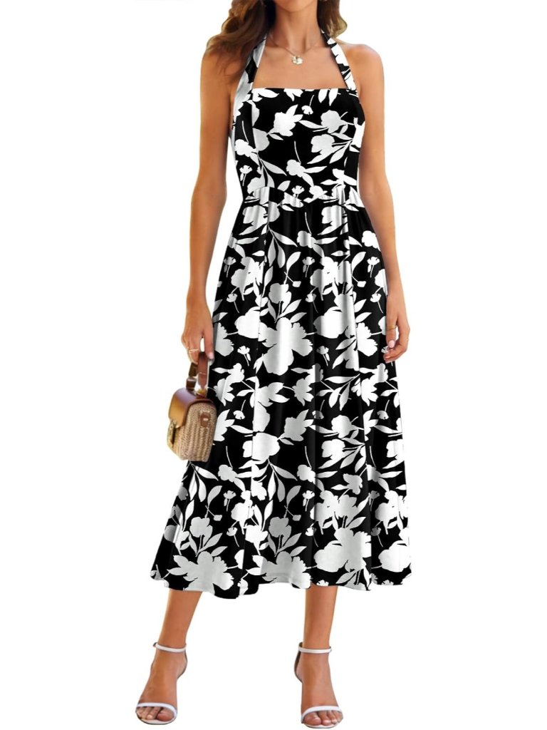 Women's Black Floral Halter Sleeveless Drop Waist Corset Midi Dress Swing